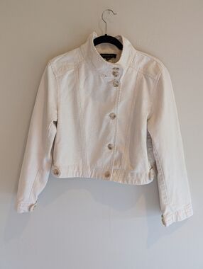 Anthropologie Current Air Brand Ivory Funnel Neck Cropped Denim Jacket Medium